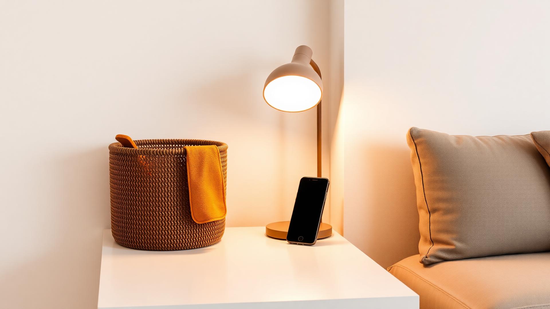 Ambiente organizado com luminária, cesto e suporte para celular